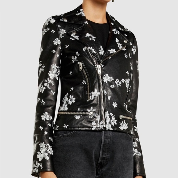 IRO Phedra Leather Black White Floral Moto Biker Jacket